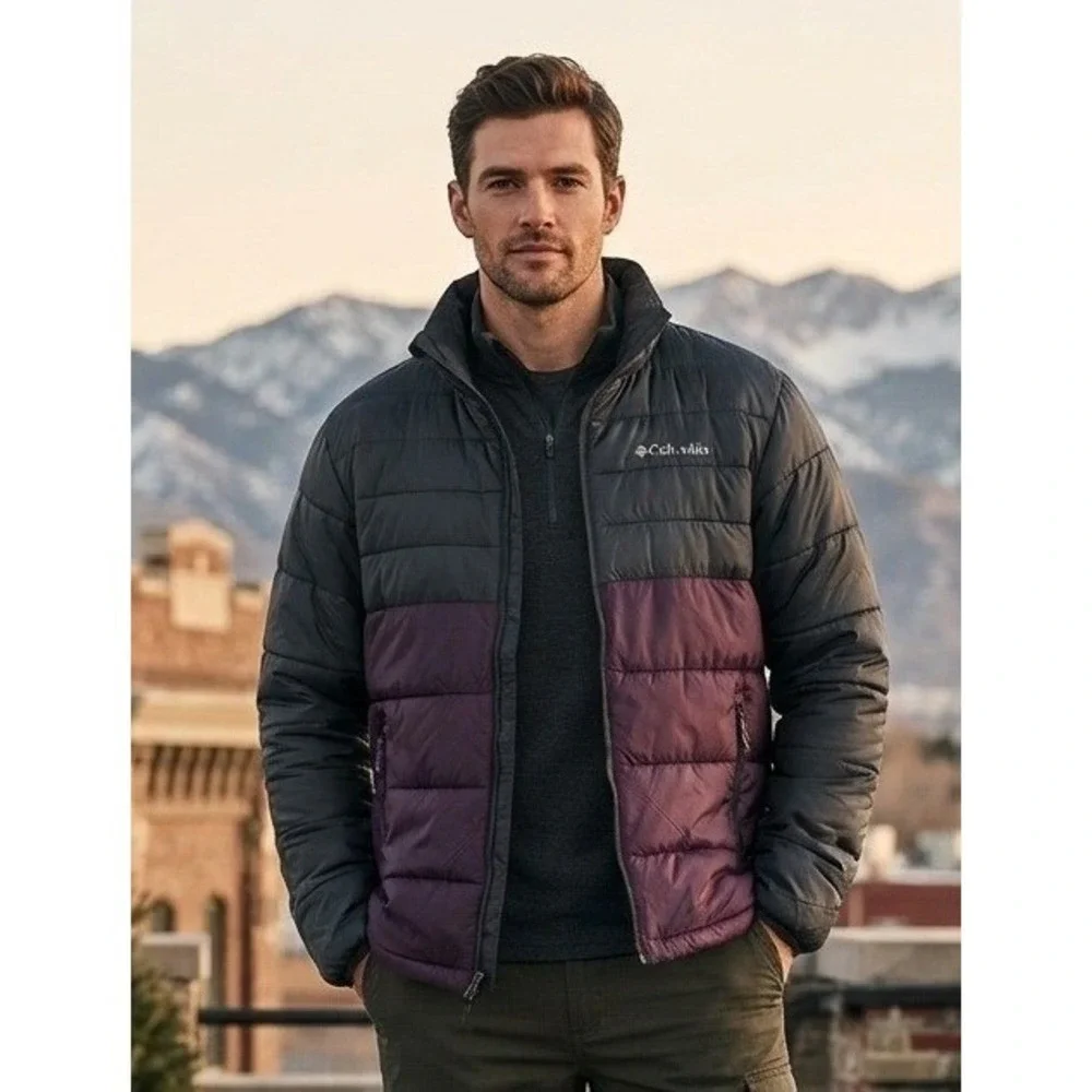 Columbia Puffer Jacket Hooded Insulated Men's XL Gray Purple Nylon Colorblock